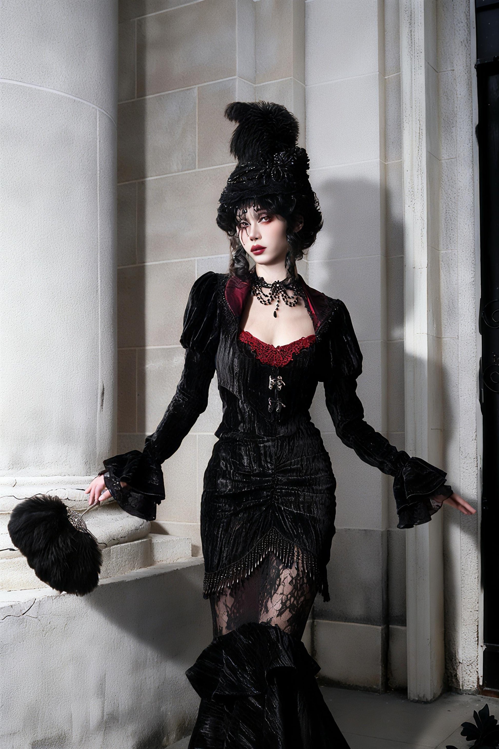 gothic velvet outfit front view corset top mermaid skirt detail