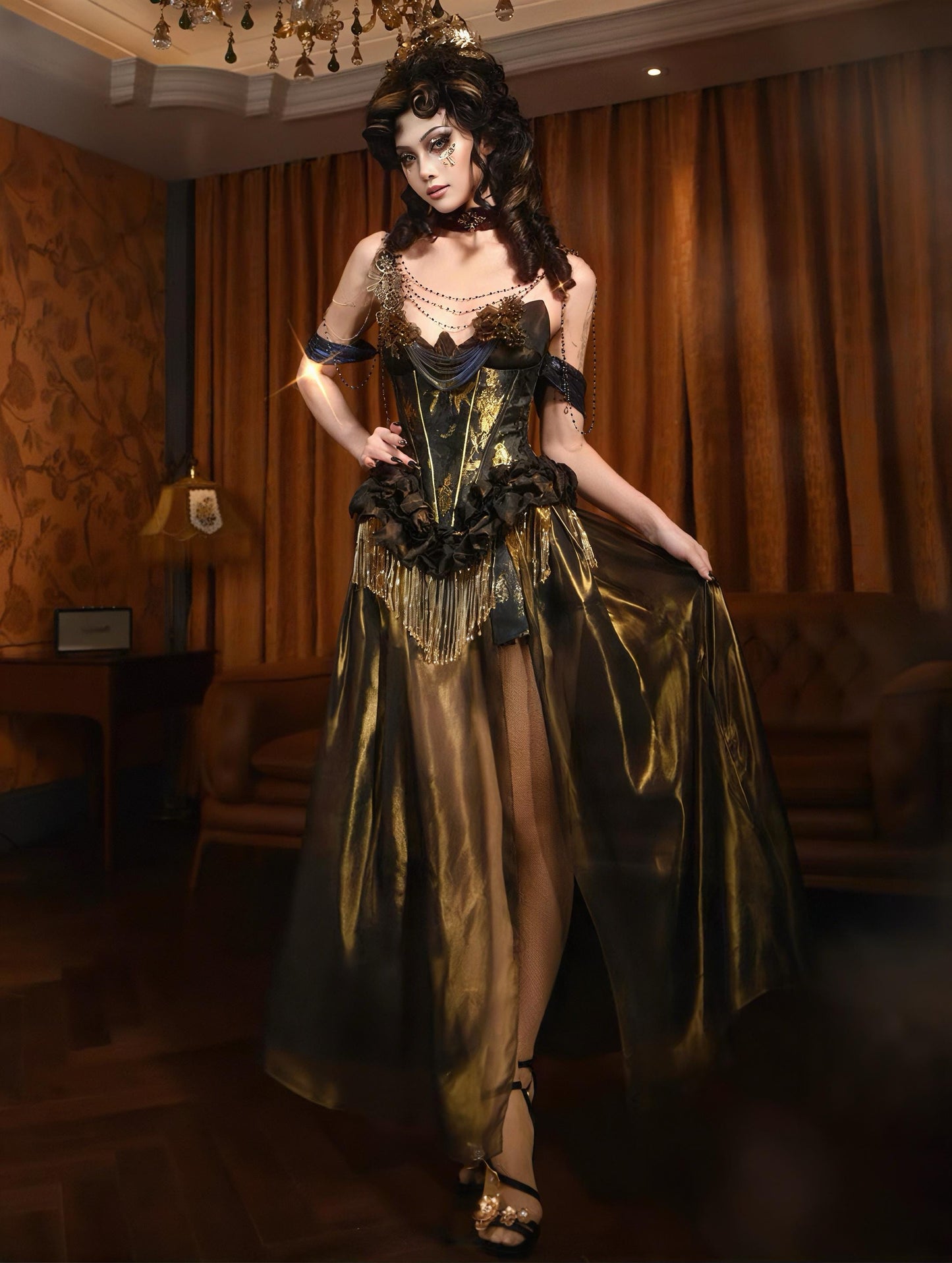 Golden Time Gothic Corset Dress, Baroque Gold Renaissance Gown, Victorian Masquerade Costume, Dark Romance Party Outfit, winter dress