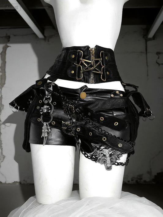 Channel Your Inner Rebel with Wolf & Skull Details-Gothic Punk Vegan Leather Shorts , Halloween Cosplay Festival Outfit,Halloween Costume