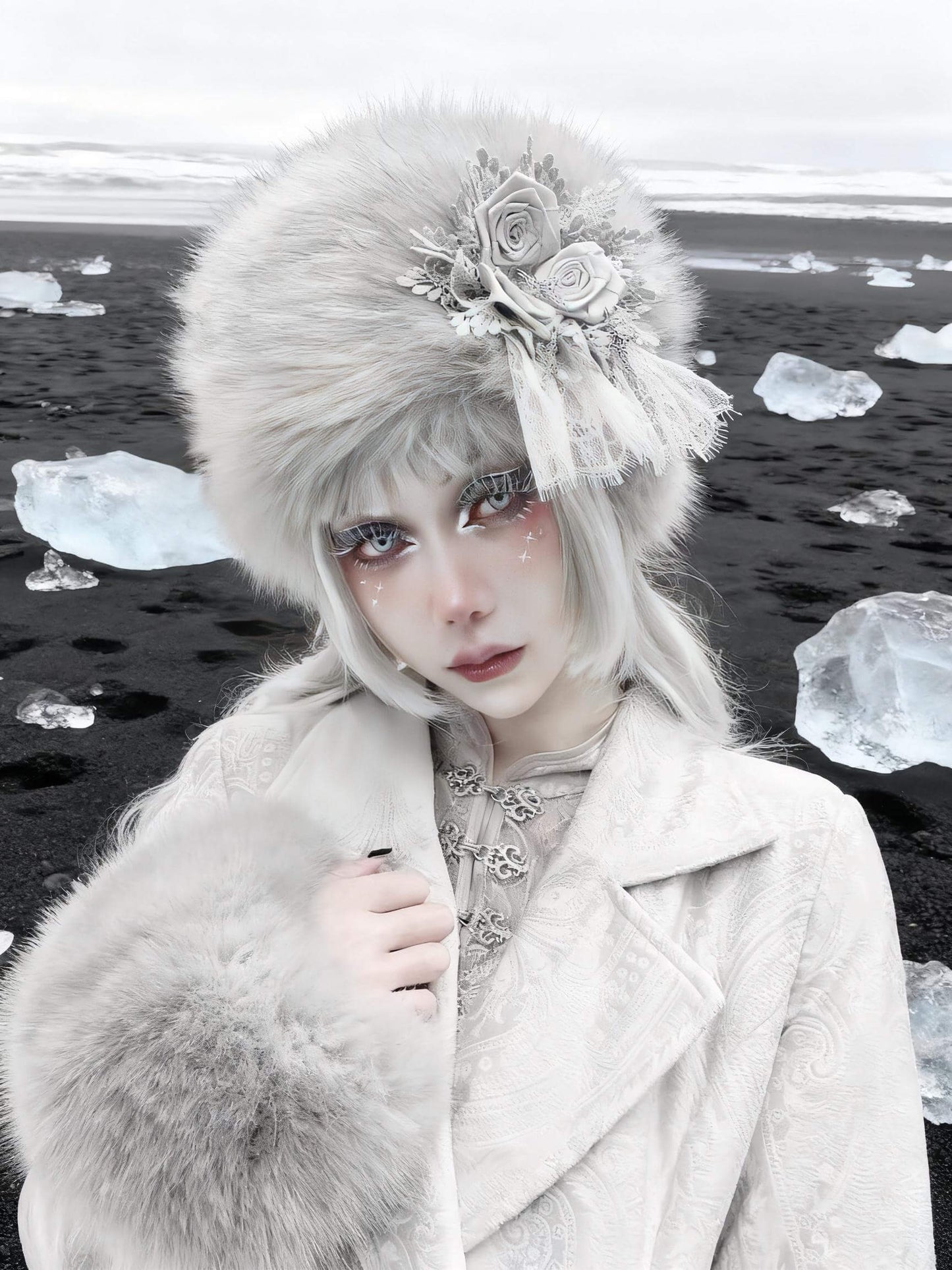Gothic faux fur winter hat grey Victorian winter headpiece