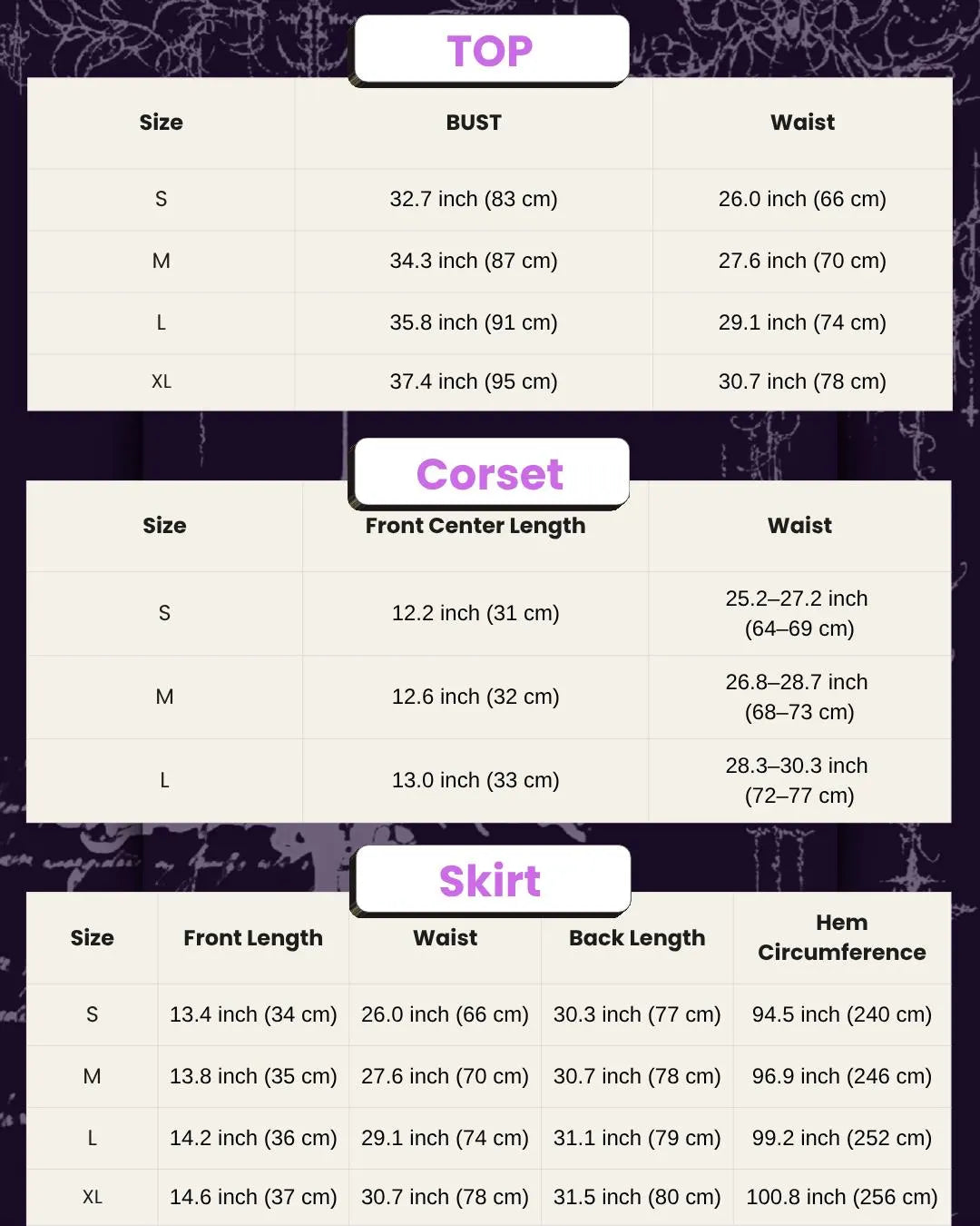 vampire corset dress size chart measurement guide cm inch sizing