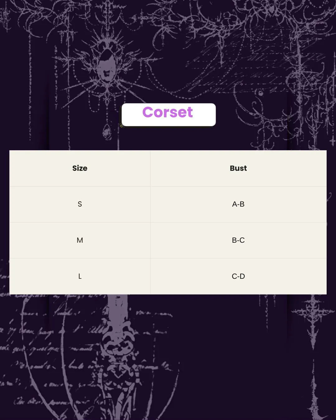 gothic spine corset size chart measurement guide bust waist fit