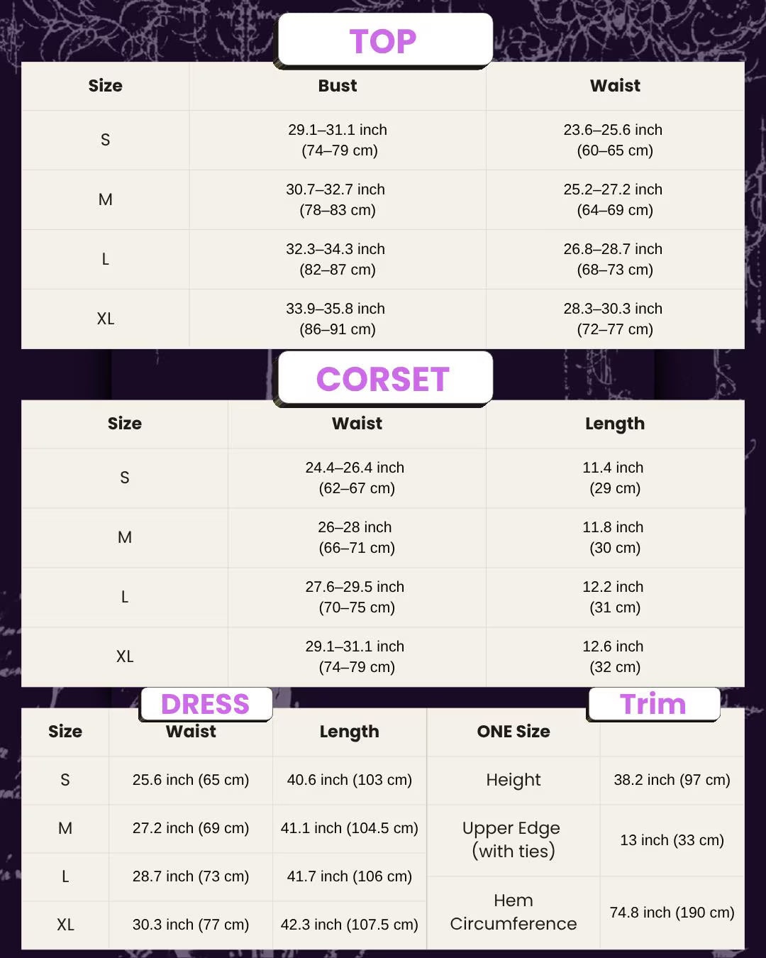 gothic corset dress size guide detailed measurement chart