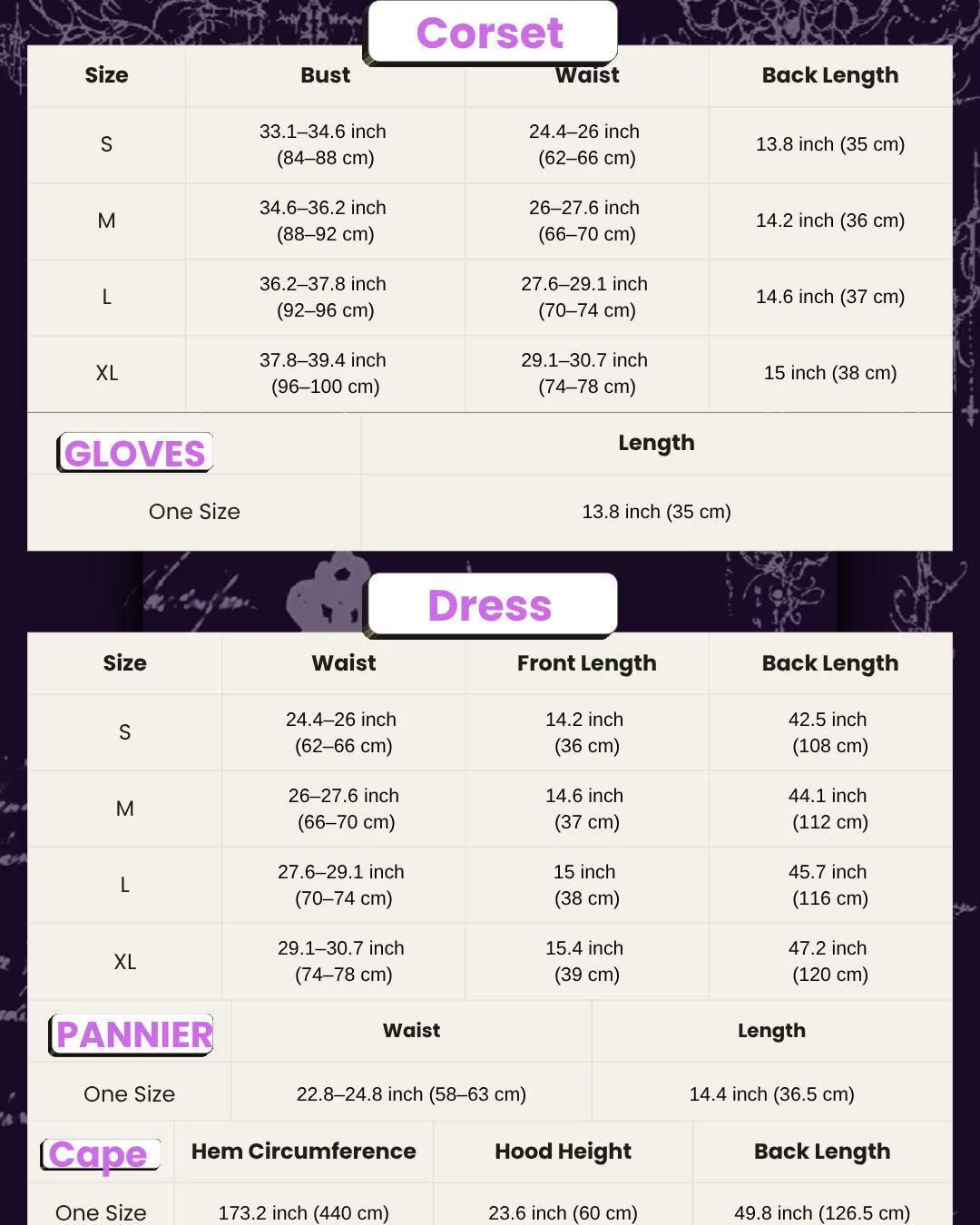 gothic velvet corset dress size chart measurement guide cm inch
