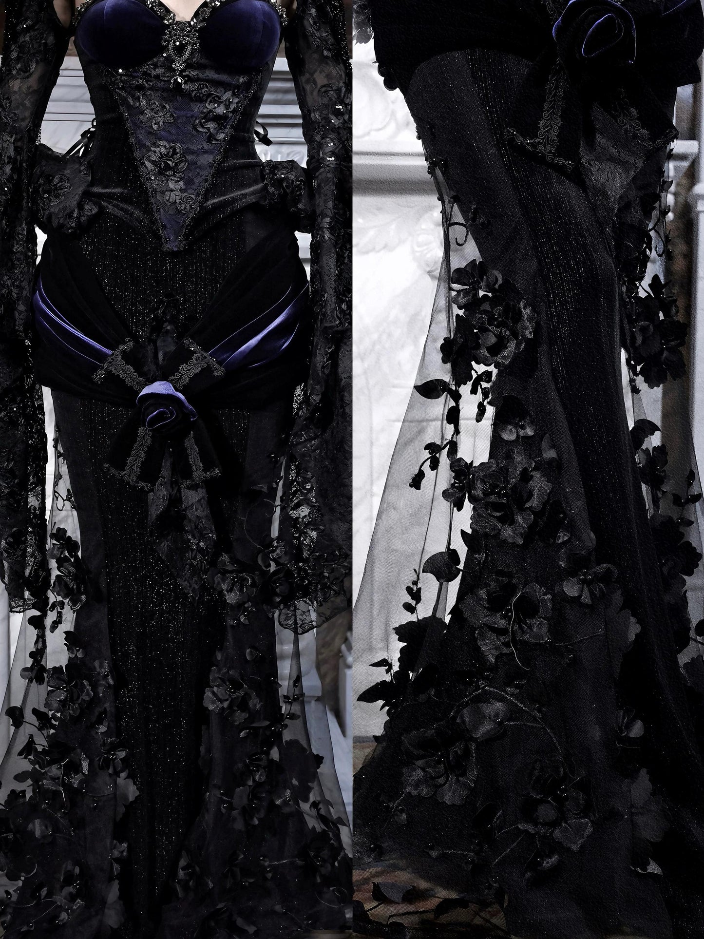 purple gothic corset dress fabric detail velvet lace texture close up