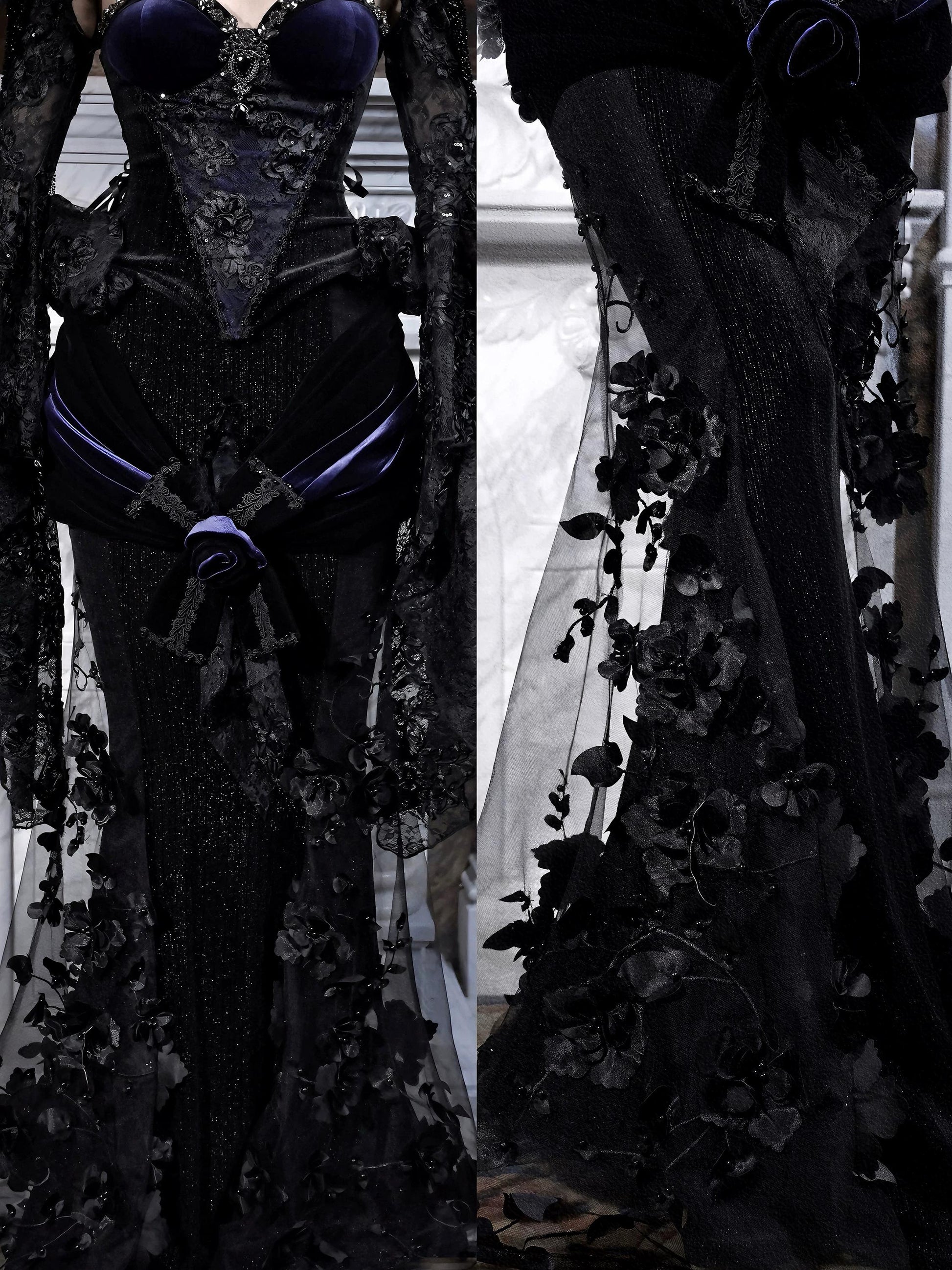 purple gothic corset dress fabric detail velvet lace texture close up