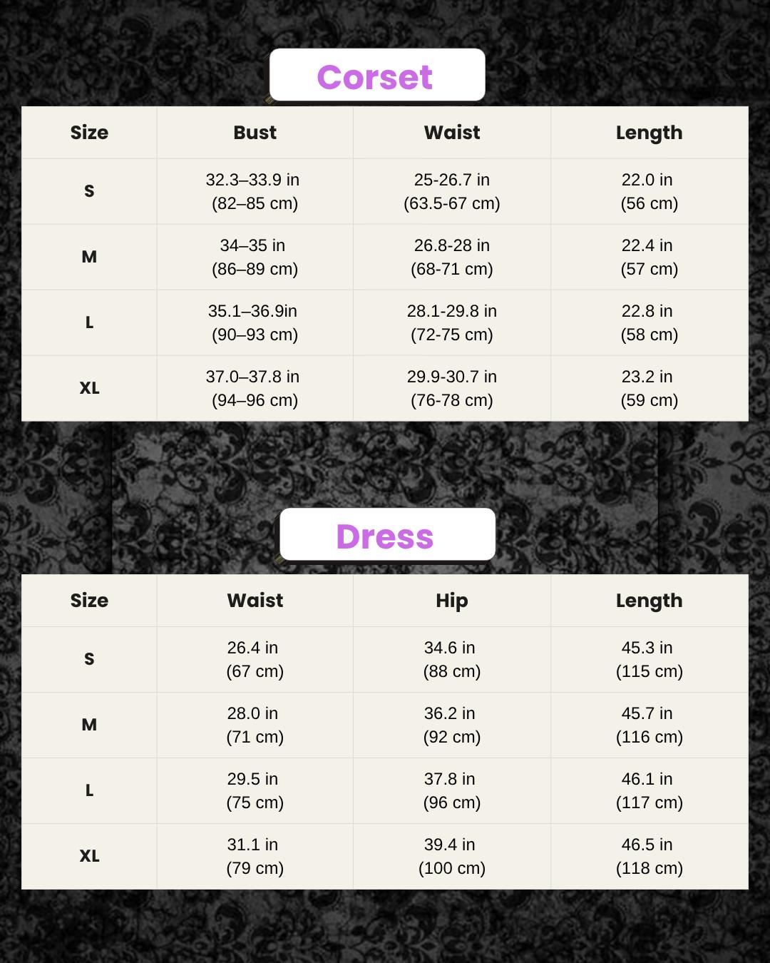 purple gothic corset dress sizing table full measurement chart