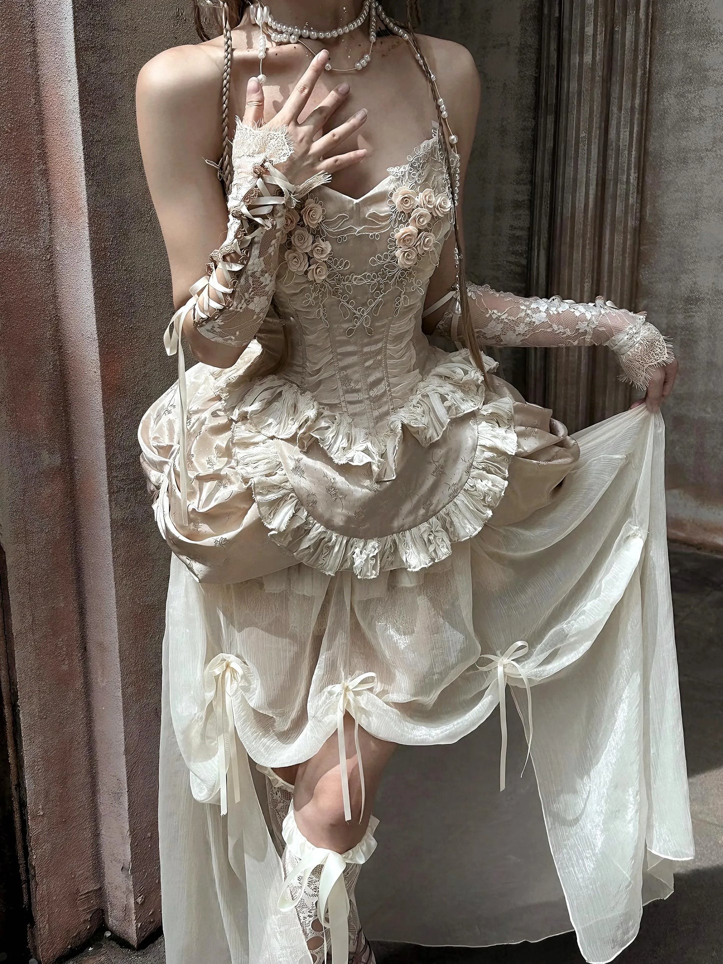 Rococo Blush Garden Corset | 3D Rose Lace Bodice, Fairycore Apron Peplum, Bridal fantasy themes, Xmas & New Year Outfit, Baroque Party Dress